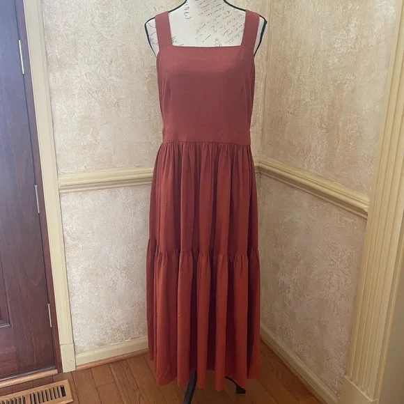 Ann Taylor Square Neck Midi Tiered Linen Blend Dress Sleeveless Summer Sz 12